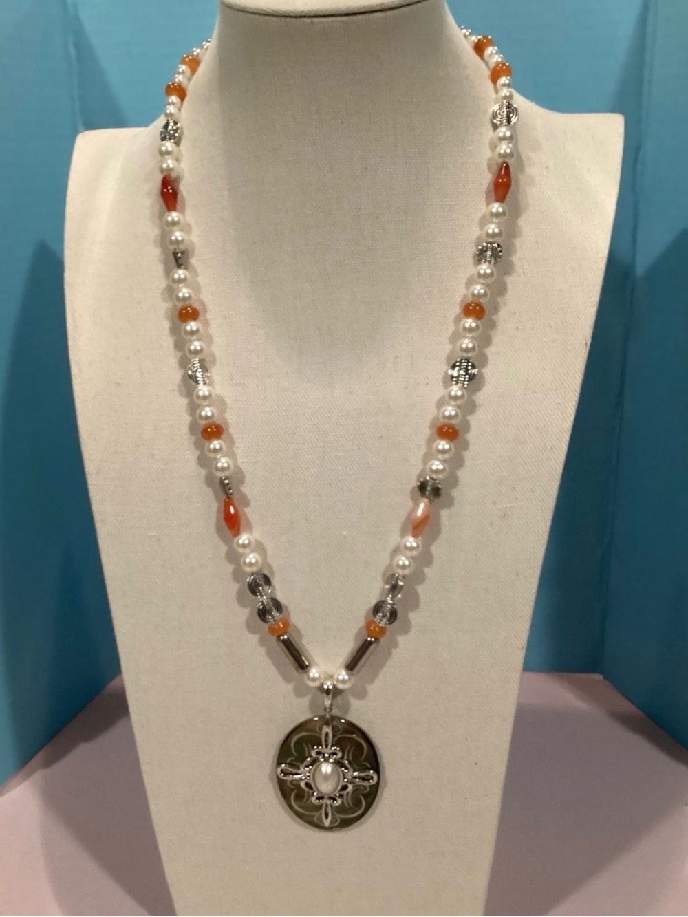 Pearl and Silver and Grey Shell Pendant Necklace with Pearl and Orange Beads